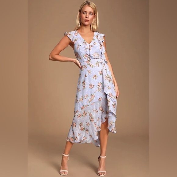 Lulu’s|Cairo Periwinkle Floral Print Ruffled Midi Dress,Polka Dot•Super Cute🫶🏻 - Picture 1 of 16